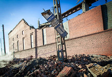 A view of the wall of a local zinc plant which was damaged by a shockwave from a meteor in the Urals city of Chelyabinsk, Russia.